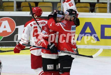 Eishockey Laenderspiel. Oesterreich gegen Daenemark. Torjubel Patrick Obrist, Patrick Spannring (Oesterreich). Klagenfurt, am 8.2.2020.
Foto: Kuess
www.qspictures.net

---
pressefotos, pressefotografie, kuess, qs, qspictures, sport, bild, bilder, bilddatenbank