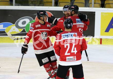 Eishockey Laenderspiel. Oesterreich gegen Daenemark. Torjubel Gerd Kragl, Patrick Obrist, Patrick Spannring, Steven Strong (Oesterreich). Klagenfurt, am 8.2.2020.
Foto: Kuess
www.qspictures.net

---
pressefotos, pressefotografie, kuess, qs, qspictures, sport, bild, bilder, bilddatenbank