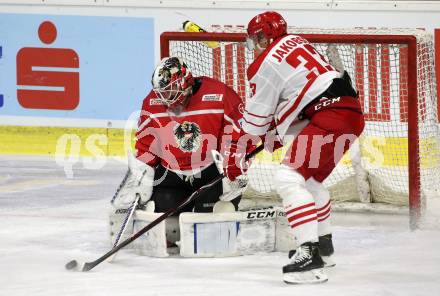 Eishockey Laenderspiel. Oesterreich gegen Daenemark. Bernhard Starkbaum,  (Oesterreich), Julian Jakobsen (Daenemark). Klagenfurt, am 8.2.2020.
Foto: Kuess
www.qspictures.net

---
pressefotos, pressefotografie, kuess, qs, qspictures, sport, bild, bilder, bilddatenbank