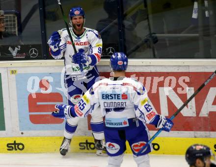 EBEL. Eishockey Bundesliga. VSV gegen Hydro Fehervar AV 19.  Torjubel Kevin Schmidt, Mark Anthony Cundari (VSV). Villach, am 11.2.2020.
Foto: Kuess
www.qspictures.net
---
pressefotos, pressefotografie, kuess, qs, qspictures, sport, bild, bilder, bilddatenbank