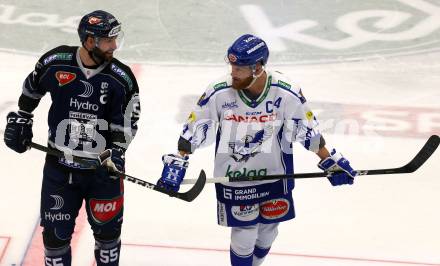 EBEL. Eishockey Bundesliga. VSV gegen Hydro Fehervar AV 19.   Jamie Fraser, (VSV), Andrew Sarauer  (Alba Volan). Villach, am 11.2.2020.
Foto: Kuess
www.qspictures.net
---
pressefotos, pressefotografie, kuess, qs, qspictures, sport, bild, bilder, bilddatenbank