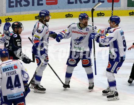 EBEL. Eishockey Bundesliga. VSV gegen Hydro Fehervar AV 19. Torjubel Patrick Bjorkstrand, Marko Poeyhoenen, Anton Karlsson  (VSV). Villach, am 11.2.2020.
Foto: Kuess
www.qspictures.net
---
pressefotos, pressefotografie, kuess, qs, qspictures, sport, bild, bilder, bilddatenbank