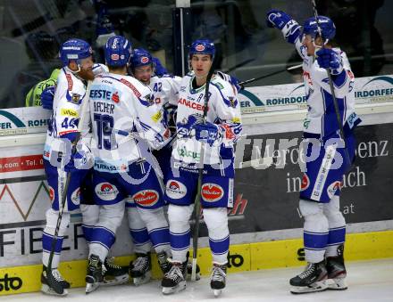 EBEL. Eishockey Bundesliga. VSV gegen Hydro Fehervar AV 19.  Torjubel Benjamin Lanzinger, Jamie Fraser, Stefan Bacher, Felix Maxa, Adis Alagic (VSV). Villach, am 11.2.2020.
Foto: Kuess
www.qspictures.net
---
pressefotos, pressefotografie, kuess, qs, qspictures, sport, bild, bilder, bilddatenbank