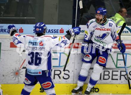 EBEL. Eishockey Bundesliga. VSV gegen Hydro Fehervar AV 19.  Torjubel Jerry Pollastrone, Patrick Bjorkstrand, (VSV). Villach, am 11.2.2020.
Foto: Kuess
www.qspictures.net
---
pressefotos, pressefotografie, kuess, qs, qspictures, sport, bild, bilder, bilddatenbank