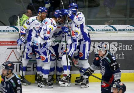 EBEL. Eishockey Bundesliga. VSV gegen Hydro Fehervar AV 19.  Torjubel Benjamin Lanzinger, Jamie Fraser, Stefan Bacher, Felix Maxa, Adis Alagic (VSV). Villach, am 11.2.2020.
Foto: Kuess
www.qspictures.net
---
pressefotos, pressefotografie, kuess, qs, qspictures, sport, bild, bilder, bilddatenbank