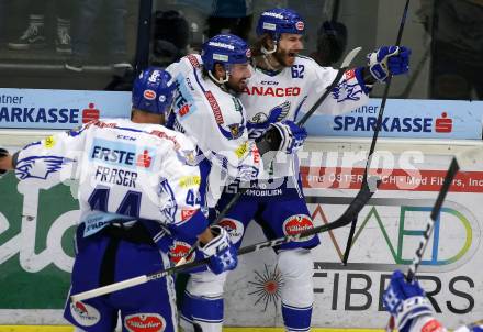 EBEL. Eishockey Bundesliga. VSV gegen Hydro Fehervar AV 19.  Torjubel Jerry Pollastrone, Patrick Bjorkstrand, Jamie Fraser (VSV). Villach, am 11.2.2020.
Foto: Kuess
www.qspictures.net
---
pressefotos, pressefotografie, kuess, qs, qspictures, sport, bild, bilder, bilddatenbank
