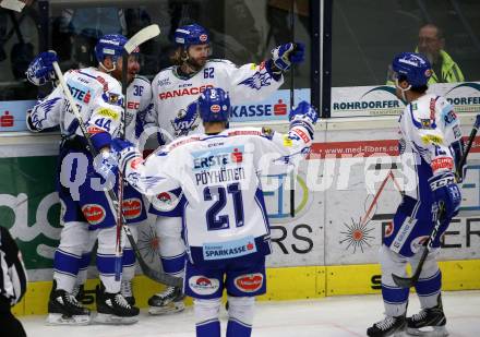 EBEL. Eishockey Bundesliga. VSV gegen Hydro Fehervar AV 19.  Torjubel Jerry Pollastrone, Patrick Bjorkstrand, Jamie Fraser, Marko Poeyhoenen, Brodie Reid (VSV). Villach, am 11.2.2020.
Foto: Kuess
www.qspictures.net
---
pressefotos, pressefotografie, kuess, qs, qspictures, sport, bild, bilder, bilddatenbank