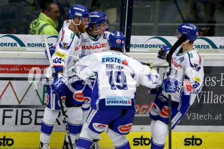 EBEL. Eishockey Bundesliga. VSV gegen Hydro Fehervar AV 19.  Torjubel Benjamin Lanzinger, Jamie Fraser, Stefan Bacher, Felix Maxa (VSV). Villach, am 11.2.2020.
Foto: Kuess
www.qspictures.net
---
pressefotos, pressefotografie, kuess, qs, qspictures, sport, bild, bilder, bilddatenbank