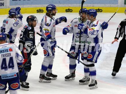 EBEL. Eishockey Bundesliga. VSV gegen Hydro Fehervar AV 19. Torjubel Patrick Bjorkstrand, Marko Poeyhoenen, Anton Karlsson, Martin Ulmer, Jamie Fraser  (VSV). Villach, am 11.2.2020.
Foto: Kuess
www.qspictures.net
---
pressefotos, pressefotografie, kuess, qs, qspictures, sport, bild, bilder, bilddatenbank