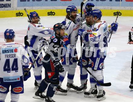 EBEL. Eishockey Bundesliga. VSV gegen Hydro Fehervar AV 19.  Torjubel Patrick Bjorkstrand, Marko Poeyhoenen, Anton Karlsson, Martin Ulmer, Jamie Fraser (VSV). Villach, am 11.2.2020.
Foto: Kuess
www.qspictures.net
---
pressefotos, pressefotografie, kuess, qs, qspictures, sport, bild, bilder, bilddatenbank