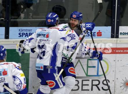 EBEL. Eishockey Bundesliga. VSV gegen Hydro Fehervar AV 19.  Torjubel Jerry Pollastrone, Patrick Bjorkstrand, (VSV). Villach, am 11.2.2020.
Foto: Kuess
www.qspictures.net
---
pressefotos, pressefotografie, kuess, qs, qspictures, sport, bild, bilder, bilddatenbank