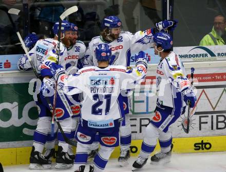EBEL. Eishockey Bundesliga. VSV gegen Hydro Fehervar AV 19.  Torjubel Jerry Pollastrone, Patrick Bjorkstrand, Jamie Fraser, Marko Poeyhoenen, Brodie Reid (VSV). Villach, am 11.2.2020.
Foto: Kuess
www.qspictures.net
---
pressefotos, pressefotografie, kuess, qs, qspictures, sport, bild, bilder, bilddatenbank