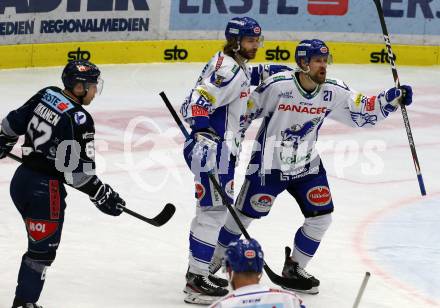EBEL. Eishockey Bundesliga. VSV gegen Hydro Fehervar AV 19.  Torjubel Patrick Bjorkstrand, Marko Poeyhoenen (VSV). Villach, am 11.2.2020.
Foto: Kuess
www.qspictures.net
---
pressefotos, pressefotografie, kuess, qs, qspictures, sport, bild, bilder, bilddatenbank