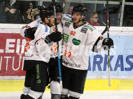 EBEL. Eishockey Bundesliga. KAC gegen	Moser Medical Graz99ers. Torjubel Dominik Grafenthin, Matt Garbowski, Charles Dodero   (Graz). Klagenfurt, am 12.2.2020.
Foto: Kuess
www.qspictures.net

---
pressefotos, pressefotografie, kuess, qs, qspictures, sport, bild, bilder, bilddatenbank