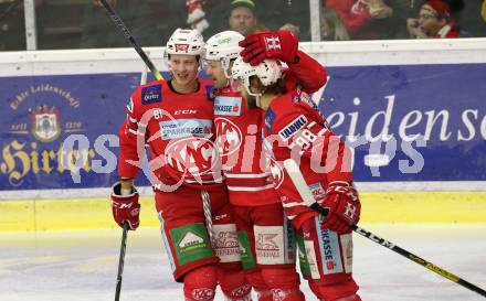 EBEL. Eishockey Bundesliga. KAC gegen	Moser Medical Graz99ers. Torjubel Marco Richter, Andrew Jacob Kozek, Daniel Obersteiner (KAC). Klagenfurt, am 12.2.2020.
Foto: Kuess
www.qspictures.net

---
pressefotos, pressefotografie, kuess, qs, qspictures, sport, bild, bilder, bilddatenbank
