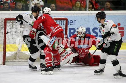 EBEL. Eishockey Bundesliga. KAC gegen	Moser Medical Graz99ers. David Joseph Fischer, David Madlener (KAC),  Joakim Hillding, Ken Ograjensek (Graz). Klagenfurt, am 12.2.2020.
Foto: Kuess
www.qspictures.net

---
pressefotos, pressefotografie, kuess, qs, qspictures, sport, bild, bilder, bilddatenbank