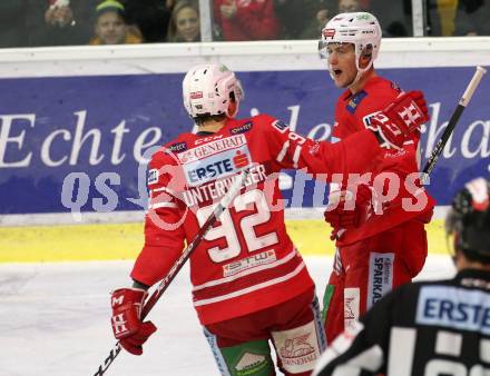 EBEL. Eishockey Bundesliga. KAC gegen	Moser Medical Graz99ers. Torjubel Adam Comrie, Clemens Unterweger (KAC). Klagenfurt, am 12.2.2020.
Foto: Kuess
www.qspictures.net

---
pressefotos, pressefotografie, kuess, qs, qspictures, sport, bild, bilder, bilddatenbank