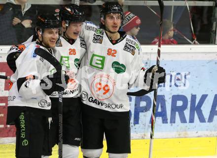 EBEL. Eishockey Bundesliga. KAC gegen	Moser Medical Graz99ers. Torjubel Dominik Grafenthin, Matt Garbowski, Charles Dodero   (Graz). Klagenfurt, am 12.2.2020.
Foto: Kuess
www.qspictures.net

---
pressefotos, pressefotografie, kuess, qs, qspictures, sport, bild, bilder, bilddatenbank
