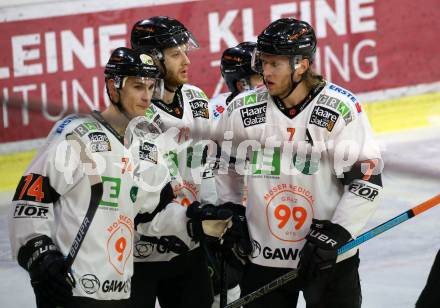 EBEL. Eishockey Bundesliga. KAC gegen	Moser Medical Graz99ers. Torjubel  Daniel Oberkofler, Kevin Moderer, Peter Robin Weihager   (Graz). Klagenfurt, am 12.2.2020.
Foto: Kuess
www.qspictures.net

---
pressefotos, pressefotografie, kuess, qs, qspictures, sport, bild, bilder, bilddatenbank