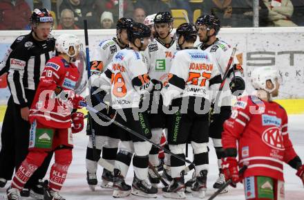 EBEL. Eishockey Bundesliga. KAC gegen	Moser Medical Graz99ers.  Torjubel Joakim Hillding, Ken Ograjensek, Karl Johansson, Daniel Oberkofler, Trevor Hammilton   (Graz). Klagenfurt, am 12.2.2020.
Foto: Kuess
www.qspictures.net

---
pressefotos, pressefotografie, kuess, qs, qspictures, sport, bild, bilder, bilddatenbank