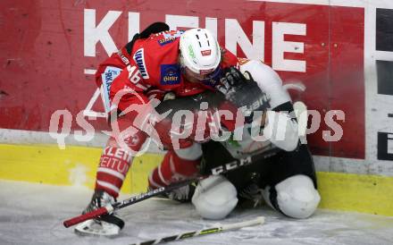 EBEL. Eishockey Bundesliga. KAC gegen	Moser Medical Graz99ers. Johannes Bischofberger, (KAC), Kevin Moderer   (Graz). Klagenfurt, am 12.2.2020.
Foto: Kuess
www.qspictures.net

---
pressefotos, pressefotografie, kuess, qs, qspictures, sport, bild, bilder, bilddatenbank