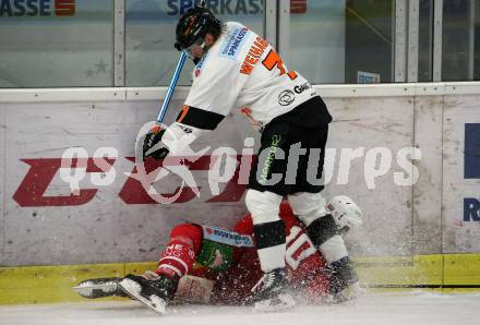 EBEL. Eishockey Bundesliga. KAC gegen	Moser Medical Graz99ers. Andrew Jacob Kozek,  (KAC),  Peter Robin Weihager (Graz). Klagenfurt, am 12.2.2020.
Foto: Kuess
www.qspictures.net

---
pressefotos, pressefotografie, kuess, qs, qspictures, sport, bild, bilder, bilddatenbank