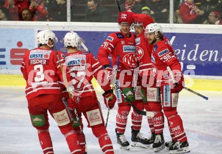 EBEL. Eishockey Bundesliga. KAC gegen	Moser Medical Graz99ers. Torjubel Marco Richter, Andrew Jacob Kozek, Daniel Obersteiner, David Joseph Fischer, Petter Hansson (KAC). Klagenfurt, am 12.2.2020.
Foto: Kuess
www.qspictures.net

---
pressefotos, pressefotografie, kuess, qs, qspictures, sport, bild, bilder, bilddatenbank