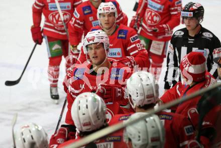 EBEL. Eishockey Bundesliga. KAC gegen	Moser Medical Graz99ers.  Torjubel Adam Comrie, Clemens Unterweger (KAC). Klagenfurt, am 12.2.2020.
Foto: Kuess
www.qspictures.net

---
pressefotos, pressefotografie, kuess, qs, qspictures, sport, bild, bilder, bilddatenbank