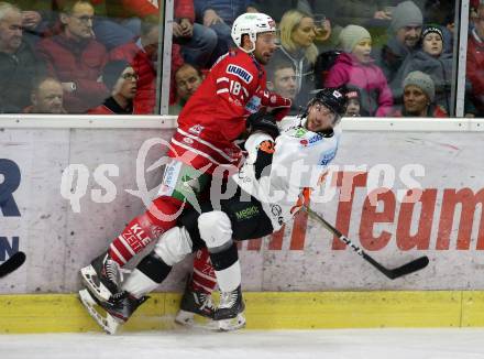EBEL. Eishockey Bundesliga. KAC gegen	Moser Medical Graz99ers. Thomas Koch,  (KAC), Lukas Kainz  (Graz). Klagenfurt, am 12.2.2020.
Foto: Kuess
www.qspictures.net

---
pressefotos, pressefotografie, kuess, qs, qspictures, sport, bild, bilder, bilddatenbank