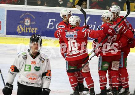 EBEL. Eishockey Bundesliga. KAC gegen	Moser Medical Graz99ers. Torjubel Adam Comrie, Clemens Unterweger, Andrew Jacob Kozek, Marco Richter (KAC). Klagenfurt, am 12.2.2020.
Foto: Kuess
www.qspictures.net

---
pressefotos, pressefotografie, kuess, qs, qspictures, sport, bild, bilder, bilddatenbank