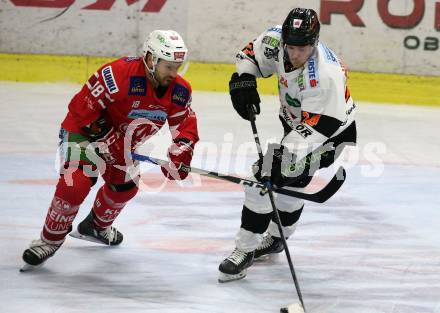 EBEL. Eishockey Bundesliga. KAC gegen	Moser Medical Graz99ers. Thomas Koch,  (KAC), Joakim Hillding  (Graz). Klagenfurt, am 12.2.2020.
Foto: Kuess
www.qspictures.net

---
pressefotos, pressefotografie, kuess, qs, qspictures, sport, bild, bilder, bilddatenbank