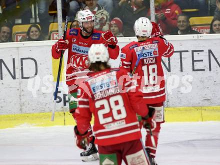 EBEL. Eishockey Bundesliga. KAC gegen	Moser Medical Graz99ers.  Torjubel Rok Ticar, Thomas Koch, Martin Schumnig (KAC). Klagenfurt, am 12.2.2020.
Foto: Kuess
www.qspictures.net

---
pressefotos, pressefotografie, kuess, qs, qspictures, sport, bild, bilder, bilddatenbank