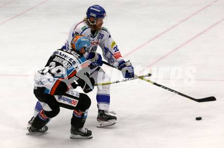 EBEL. Eishockey Bundesliga. VSV gegen EHC Liwest Black Wings Linz.   Miika Lahti, (VSV), Marco Brucker  (Linz). Villach, am 18.2.2020.
Foto: Kuess
www.qspictures.net
---
pressefotos, pressefotografie, kuess, qs, qspictures, sport, bild, bilder, bilddatenbank