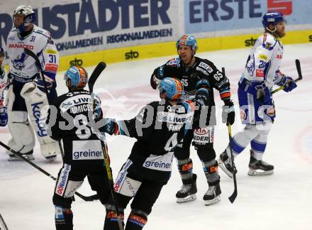 EBEL. Eishockey Bundesliga. VSV gegen EHC Liwest Black Wings Linz.   Torjubel Dragan Umicevic, Matthew Nicholas Finn, Steven Andrew Oleksy (Linz). Villach, am 18.2.2020.
Foto: Kuess
www.qspictures.net
---
pressefotos, pressefotografie, kuess, qs, qspictures, sport, bild, bilder, bilddatenbank