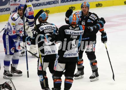 EBEL. Eishockey Bundesliga. VSV gegen EHC Liwest Black Wings Linz.   Torjubel Dragan Umicevic, Matthew Nicholas Finn, Steven Andrew Oleksy (Linz). Villach, am 18.2.2020.
Foto: Kuess
www.qspictures.net
---
pressefotos, pressefotografie, kuess, qs, qspictures, sport, bild, bilder, bilddatenbank