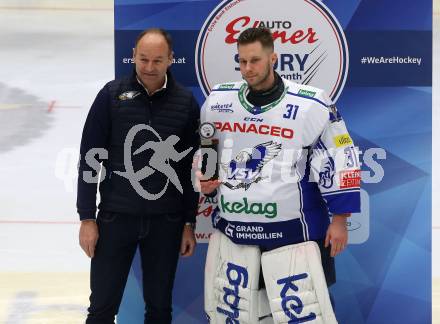 EBEL. Eishockey Bundesliga. VSV gegen EHC Liwest Black Wings Linz.   Auto Eisner Story of the month. Gerald Rauchenwald, Brandon Maxwell (VSV). Villach, am 18.2.2020.
Foto: Kuess
www.qspictures.net
---
pressefotos, pressefotografie, kuess, qs, qspictures, sport, bild, bilder, bilddatenbank