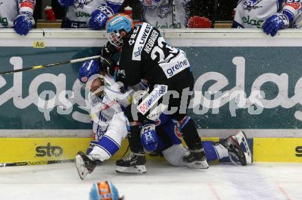 EBEL. Eishockey Bundesliga. VSV gegen EHC Liwest Black Wings Linz.   Miika Lahti,  (VSV), Matthias Neubauer (Linz). Villach, am 18.2.2020.
Foto: Kuess
www.qspictures.net
---
pressefotos, pressefotografie, kuess, qs, qspictures, sport, bild, bilder, bilddatenbank