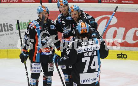 EBEL. Eishockey Bundesliga. VSV gegen EHC Liwest Black Wings Linz.   Torjubel  Justin Florek, Dragan Umicevic, Gerd Kragl, Josh Roach (Linz). Villach, am 18.2.2020.
Foto: Kuess
www.qspictures.net
---
pressefotos, pressefotografie, kuess, qs, qspictures, sport, bild, bilder, bilddatenbank