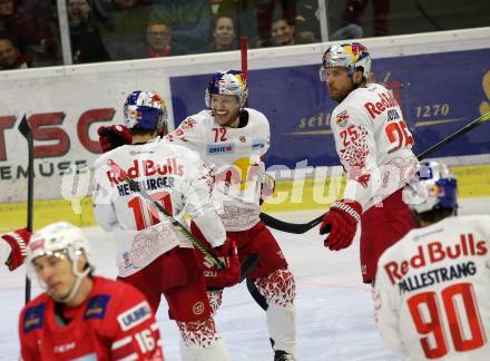 EBEL. Eishockey Bundesliga. KAC gegen	EC Red Bull Salzburg.  Torjubel Hughes John, Joslin Derek, Herburger Raphael  (Salzburg). Klagenfurt, am 18.2.2020.
Foto: Kuess
www.qspictures.net

---
pressefotos, pressefotografie, kuess, qs, qspictures, sport, bild, bilder, bilddatenbank