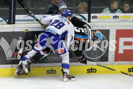 EBEL. Eishockey Bundesliga. VSV gegen EHC Liwest Black Wings Linz.   Miika Lahti, (VSV), Raphael Wolf  (Linz). Villach, am 18.2.2020.
Foto: Kuess
www.qspictures.net
---
pressefotos, pressefotografie, kuess, qs, qspictures, sport, bild, bilder, bilddatenbank