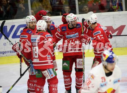 EBEL. Eishockey Bundesliga. KAC gegen	EC Red Bull Salzburg. Torjubel  Ticar Rok, Kozek Andrew Jacob, Koch Thomas, Neal Matthew, Fischer David Joseph (KAC). Klagenfurt, am 18.2.2020.
Foto: Kuess
www.qspictures.net

---
pressefotos, pressefotografie, kuess, qs, qspictures, sport, bild, bilder, bilddatenbank