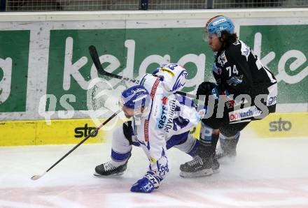 EBEL. Eishockey Bundesliga. VSV gegen EHC Liwest Black Wings Linz.   Marko Poeyhoenen,  (VSV), Josh Roach (Linz). Villach, am 18.2.2020.
Foto: Kuess
www.qspictures.net
---
pressefotos, pressefotografie, kuess, qs, qspictures, sport, bild, bilder, bilddatenbank