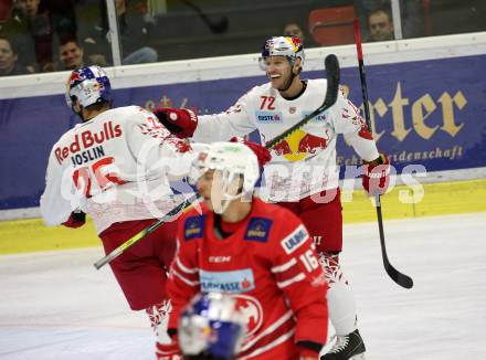 EBEL. Eishockey Bundesliga. KAC gegen	EC Red Bull Salzburg.  Torjubel Hughes John, Joslin Derek, (Salzburg). Klagenfurt, am 18.2.2020.
Foto: Kuess
www.qspictures.net

---
pressefotos, pressefotografie, kuess, qs, qspictures, sport, bild, bilder, bilddatenbank