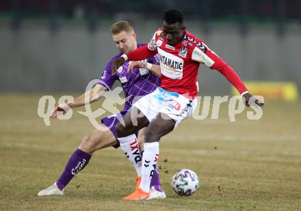 Fussball. 2. Liga. SK Austria Klagenfurt gegen SV Guntamatic Ried.  Markus Rusek, (Klagenfurt), Reuben Acquah  (Ried). Klagenfurt, am 21.2.2020.
Foto: Kuess
www.qspictures.net
---
pressefotos, pressefotografie, kuess, qs, qspictures, sport, bild, bilder, bilddatenbank
