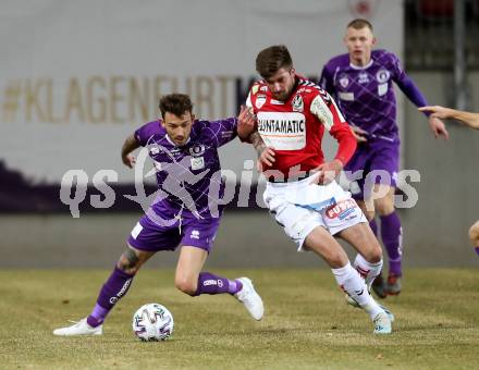 Fussball. 2. Liga. SK Austria Klagenfurt gegen SV Guntamatic Ried.  Philipp Huetter, (Klagenfurt), Patrick Obermueller  (Ried). Klagenfurt, am 21.2.2020.
Foto: Kuess
www.qspictures.net
---
pressefotos, pressefotografie, kuess, qs, qspictures, sport, bild, bilder, bilddatenbank