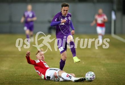 Fussball. 2. Liga. SK Austria Klagenfurt gegen SV Guntamatic Ried.  Oliver Markoutz,  (Klagenfurt), Thomas Reifeltshammer (Ried). Klagenfurt, am 21.2.2020.
Foto: Kuess
www.qspictures.net
---
pressefotos, pressefotografie, kuess, qs, qspictures, sport, bild, bilder, bilddatenbank