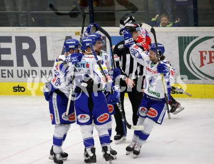 EBEL. Eishockey Bundesliga. VSV gegen HC Orli Znojmo. Torjubel Collins Chris, Karlsson Anton, Fraser Jamie, Wappis Christof  (VSV). Villach, am 21.2.2020.
Foto: Kuess
www.qspictures.net
---
pressefotos, pressefotografie, kuess, qs, qspictures, sport, bild, bilder, bilddatenbank
