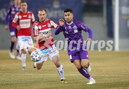 Fussball. 2. Liga. SK Austria Klagenfurt gegen SV Guntamatic Ried.  Maximiliano Moreira Romero, (Klagenfurt), Julian Klaus WieÃmeier  (Ried). Klagenfurt, am 21.2.2020.
Foto: Kuess
www.qspictures.net
---
pressefotos, pressefotografie, kuess, qs, qspictures, sport, bild, bilder, bilddatenbank