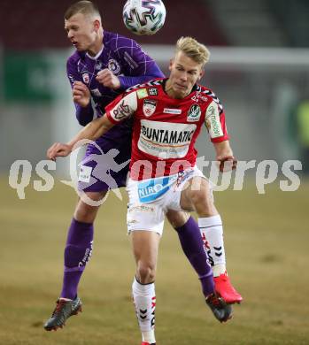 Fussball. 2. Liga. SK Austria Klagenfurt gegen SV Guntamatic Ried.  Florian Freissegger, (Klagenfurt), Marco Gruell  (Ried). Klagenfurt, am 21.2.2020.
Foto: Kuess
www.qspictures.net
---
pressefotos, pressefotografie, kuess, qs, qspictures, sport, bild, bilder, bilddatenbank