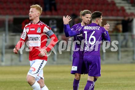 Fussball. 2. Liga. SK Austria Klagenfurt gegen SV Guntamatic Ried.  Torjubel Oliver Markoutz, Patrick Greil (Klagenfurt). Klagenfurt, am 21.2.2020.
Foto: Kuess
www.qspictures.net
---
pressefotos, pressefotografie, kuess, qs, qspictures, sport, bild, bilder, bilddatenbank